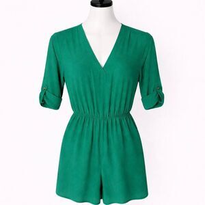 Brigitte Bailey Green Romper | V-Neck Playsuit | 3/4 Sleeve | Size S